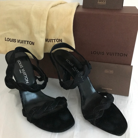 Louis Vuitton Vintage Black Satin Logo Sandals | Size 38.5 | 4.5” Heels + Box - Picture 9 of 11